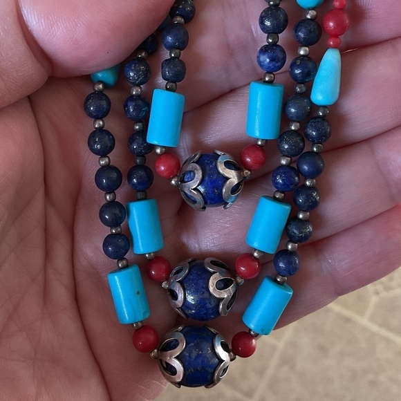 vintage multi strand necklace Lapis lazuli/Turquose/ Red coral - Picture 4 of 9